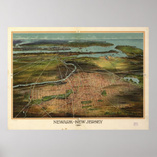 1916 Newark, NJ Birds Eye View Panoramic Map Poster