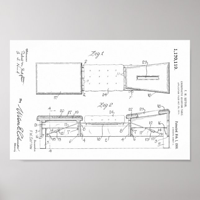1916 Vintage Chiropractic Table Patent Art Print (Front)