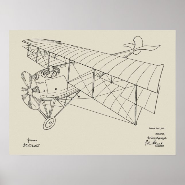 1918 Biplane Aeroplane Patent Art Drawing Print (Front)