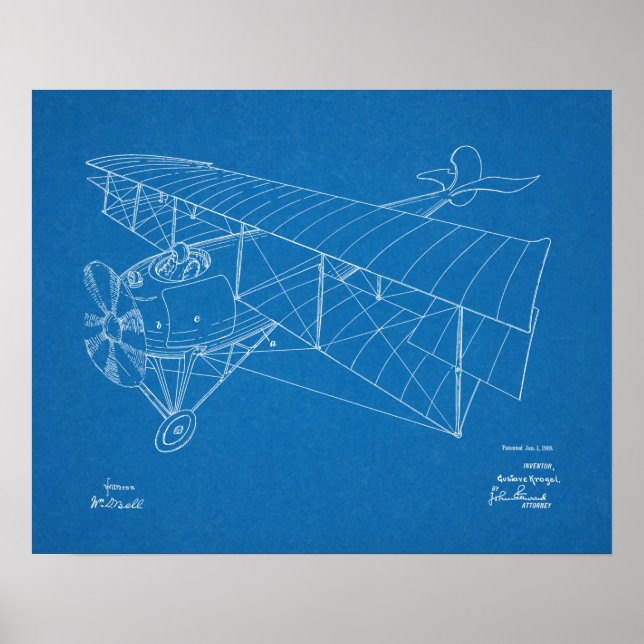 1918 Biplane Aeroplane Patent Art Drawing Print (Front)