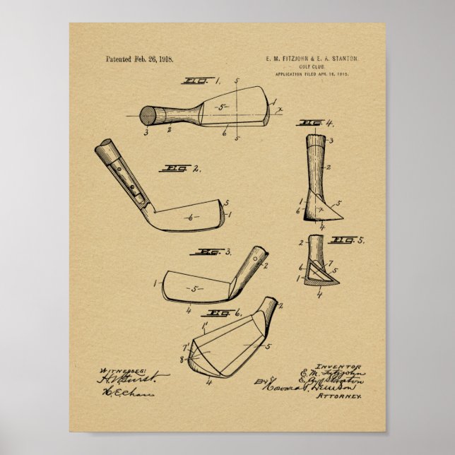 1918 Golf Club Head Patent Art Drawing Print (Front)