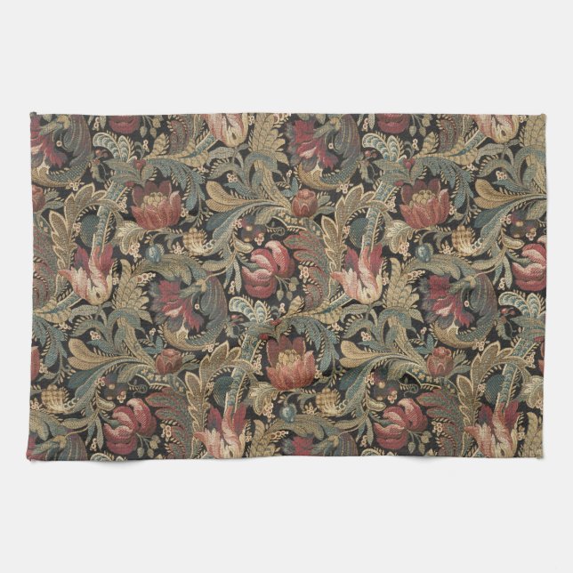 1918 Vintage Rich Floral Tapestry Brocade Damask Tea Towel (Horizontal)