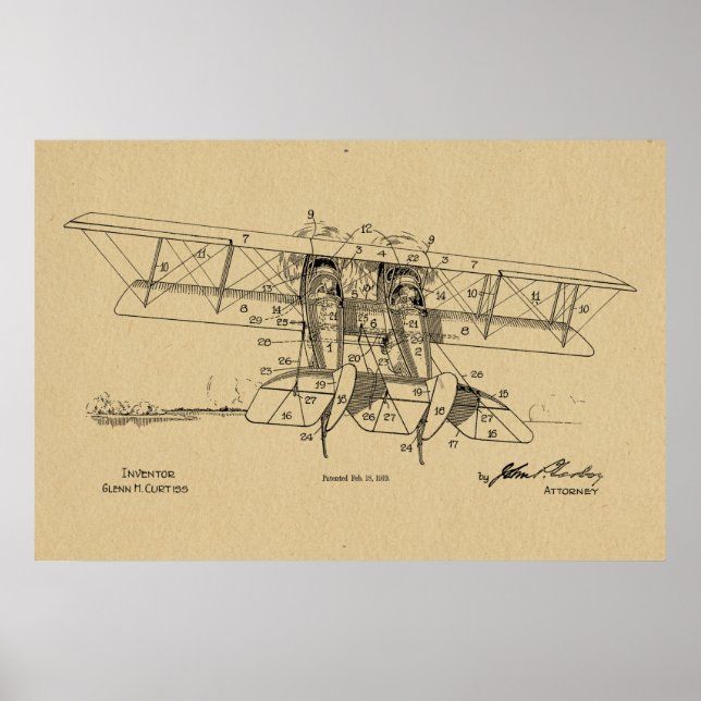 1919 Aeroplane Biplane Patent Drawing Art Print (Front)