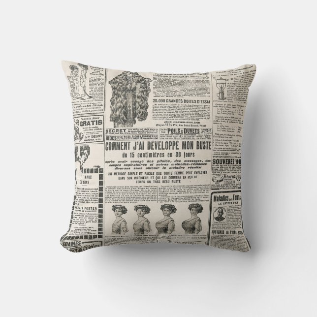 1919 Paris Fashion: Antique Newspaper Page Cushion (Front)