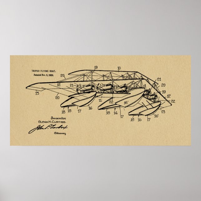 1920 Aeroplane Boat Patent Drawing Art Print (Front)