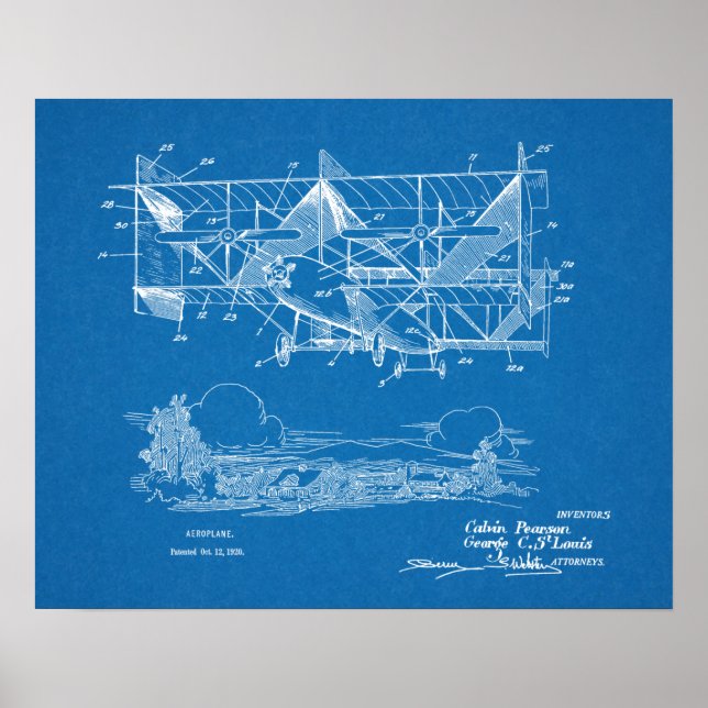 1920 Biplane Aeroplane Patent Art Drawing Print (Front)