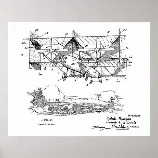 1920 Biplane Aeroplane Patent Art Drawing Print (Front)