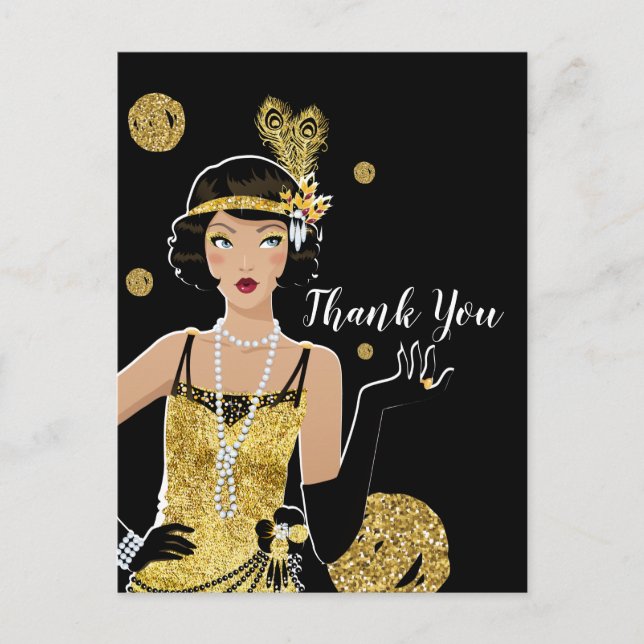 1920 flapper girl invitation, gatsby thank you invitation postcard (Front)