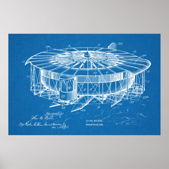 1920 Flying Machine Aeroplane Patent Art Drawing Poster (Front)