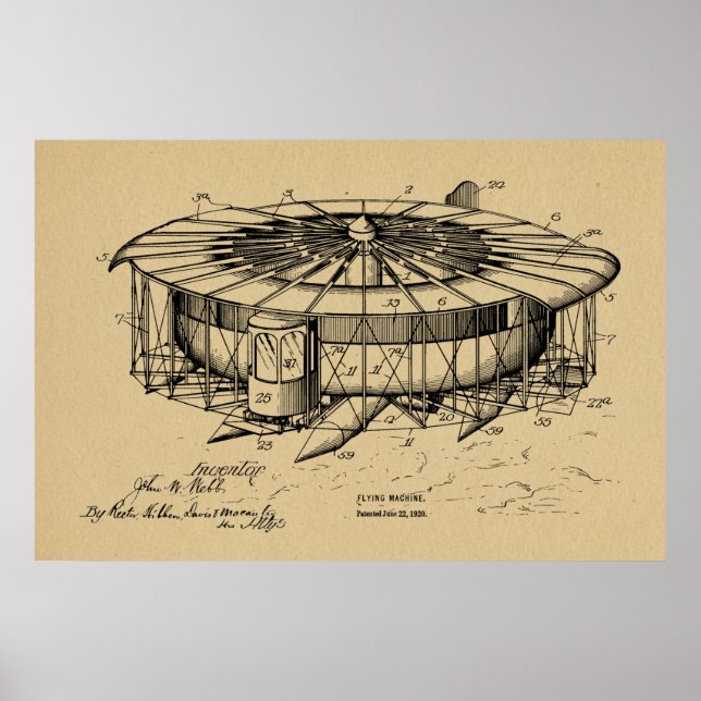 1920 Flying Machine Aeroplane Patent Art Drawing Poster (Front)