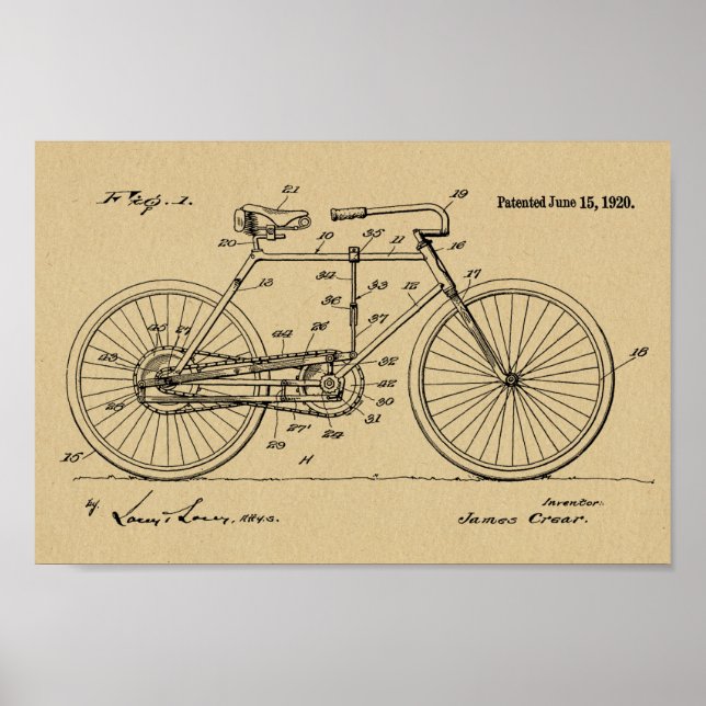 1920 Vintage Bicycle Design Patent Art Print (Front)