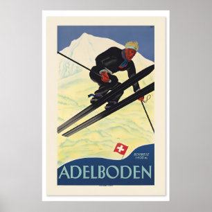 1920s Adelboden Vintage Style Swiss Snow Skiing Poster