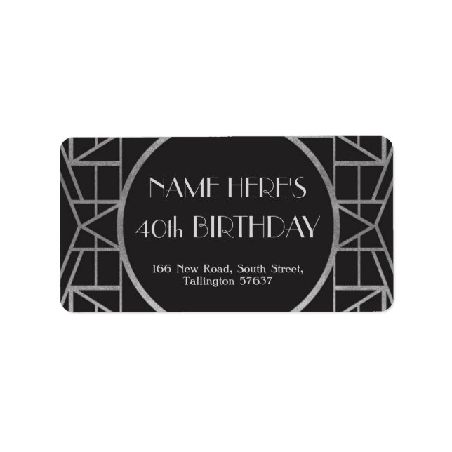1920's Art Deco Birthday Gatsby Address Silver 20s Label (Front)