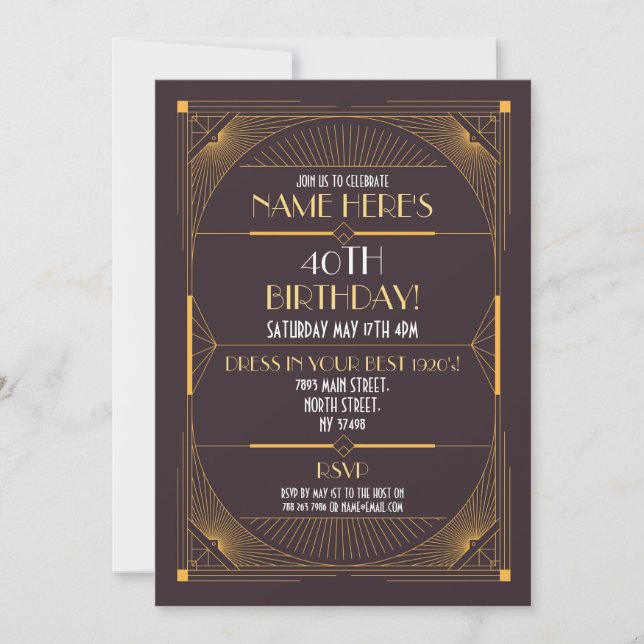 1920's Art Deco Birthday Gatsby Party Black & Gold Invitation (Front)