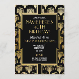 1920's Art Deco Birthday Gatsby Party Black & Gold Invitation