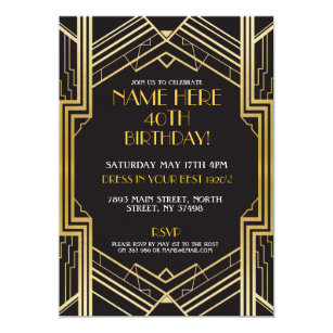 1920's Art Deco Birthday Invite Gatsby Party Gold