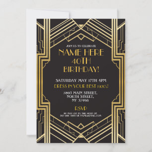1920's Art Deco Birthday Invite Gatsby Party Gold