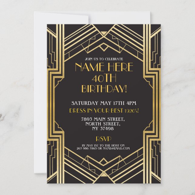 1920's Art Deco Birthday Invite Party Gold (Front)
