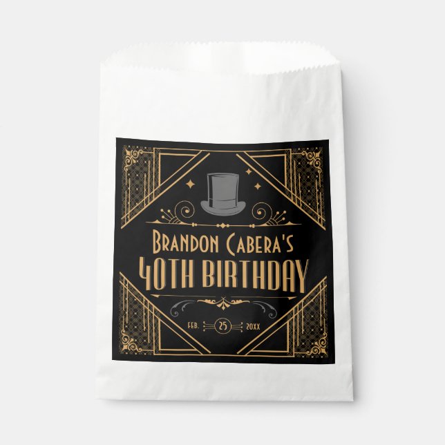 1920s Art Deco Black & Gold 40th Birthday Party Favour Bag (Front)