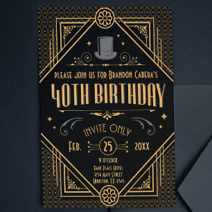 1920s Art Deco Black & Gold 40th Birthday Party Invitation