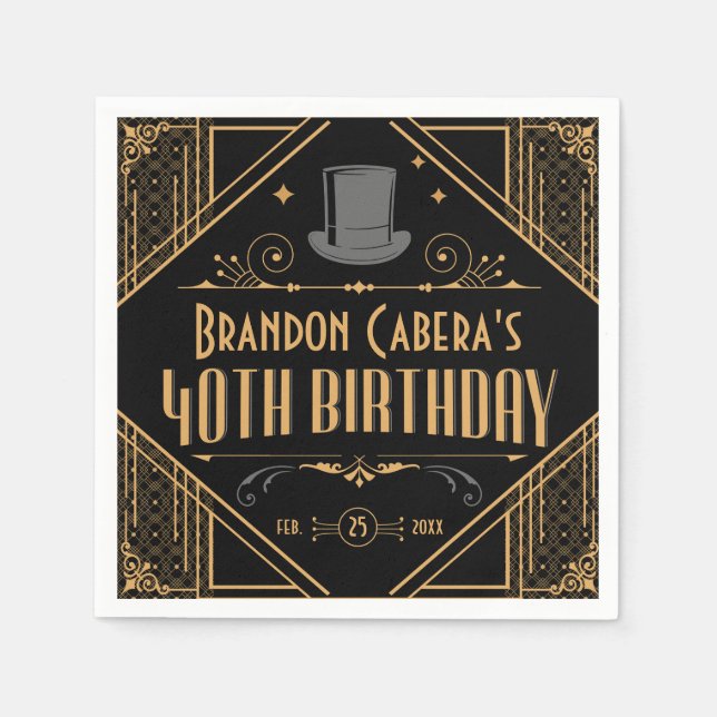 1920s Art Deco Black & Gold 40th Birthday Party Napkin (Front)