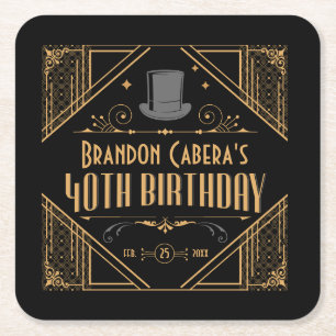 1920s Art Deco Black & Gold 40th Birthday Party Square Paper Coaster