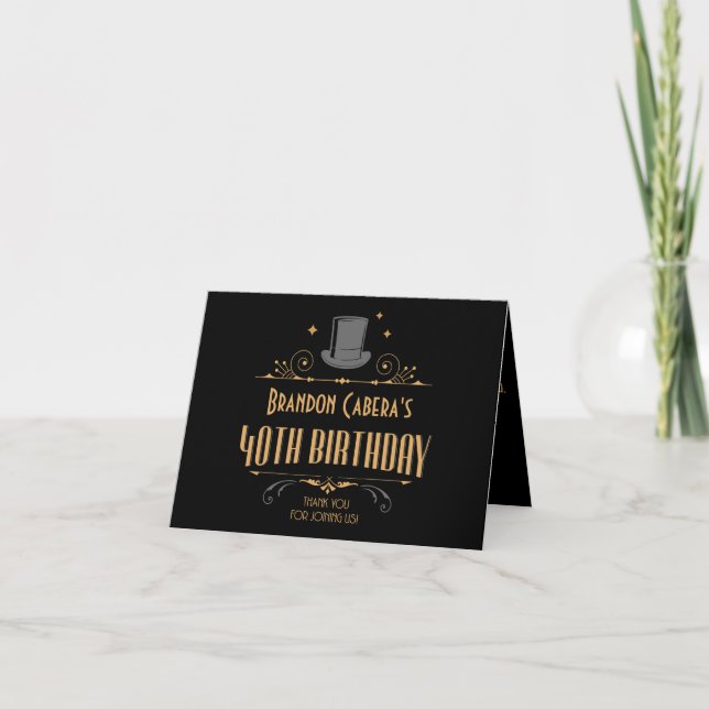 1920s Art Deco Black & Gold 40th Birthday Party Thank You Card (Front)