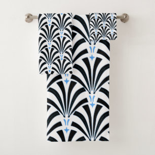 1920s Art Deco Black White & Blue Palmettos Bath Towel Set