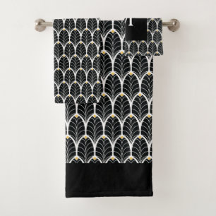 1920s Art Deco Black & White Leaves Bath Towel Set