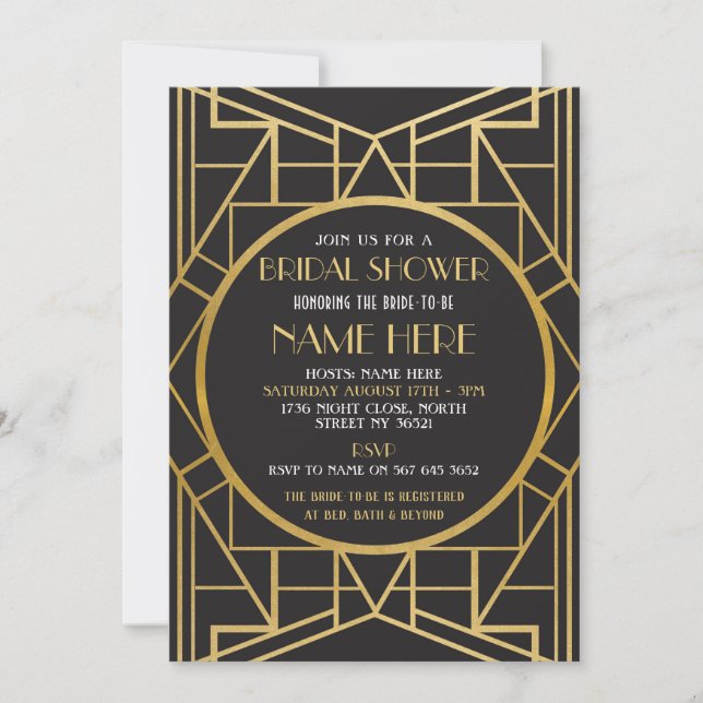 1920's Art Deco Bridal Shower Gatsby Party Invite (Front)