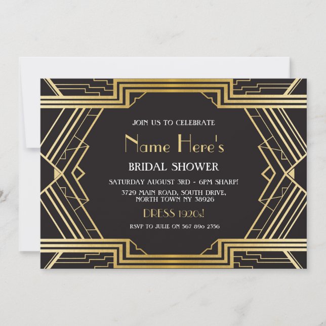 1920's Art Deco Bridal Shower Party Gatsby Gold Invitation (Front)