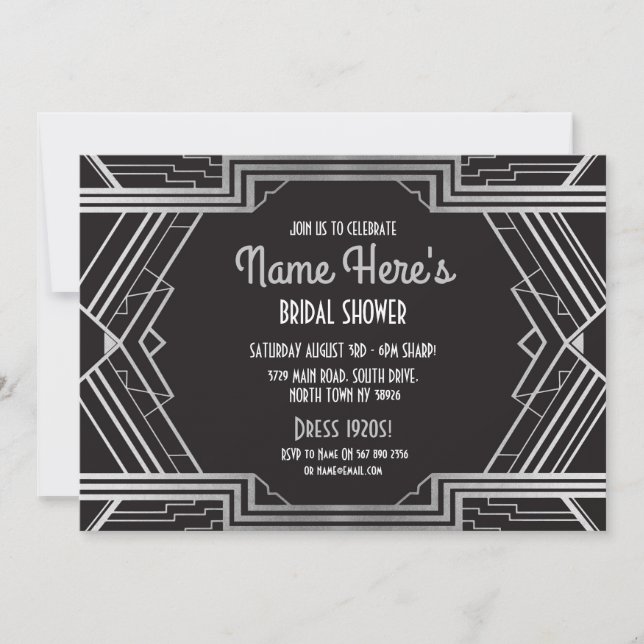 1920's Art Deco Bridal Shower Party Gatsby Silver Invitation (Front)