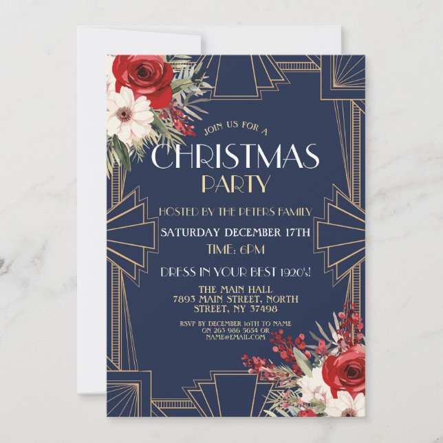 1920's Art Deco Christmas Invite Gatsby Navy Gold (Front)