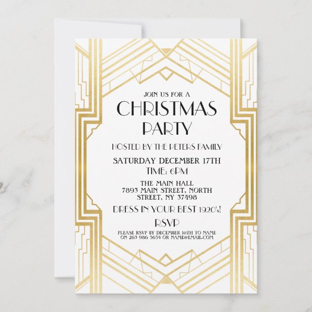 1920's Art Deco Christmas Invite Gatsby Party Gold (Front)