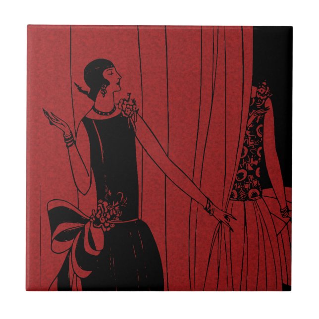 1920s Art Deco Fashion Show Model Red Ceramic Tile (Front)