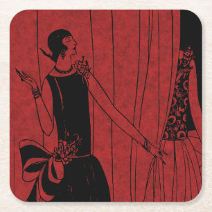 1920s Art Deco Fashion Show Red and Black Square Paper Coaster