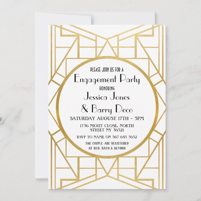 1920's Art Deco Gatsby Gold Engagement Invite (Front)
