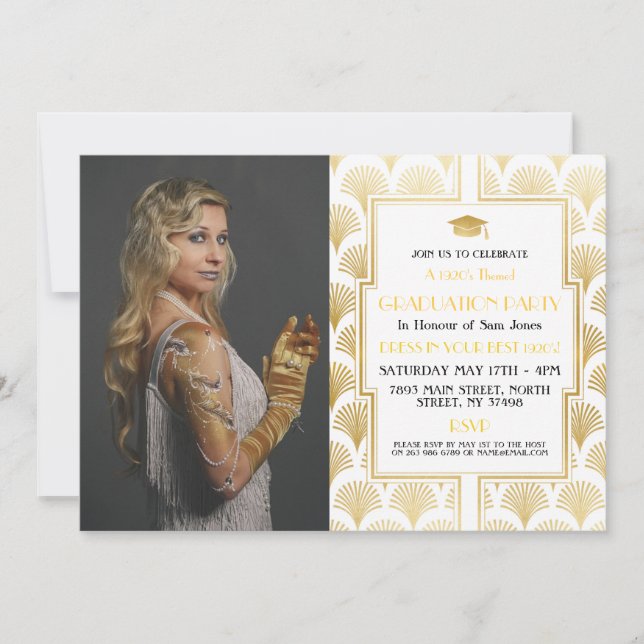1920s Art Deco Gold Photo Graduation Gatsby Party Invitation (Front)