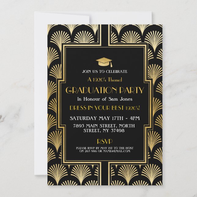 1920s Art Deco Graduation Invite Gatsby Party Gold (Front)