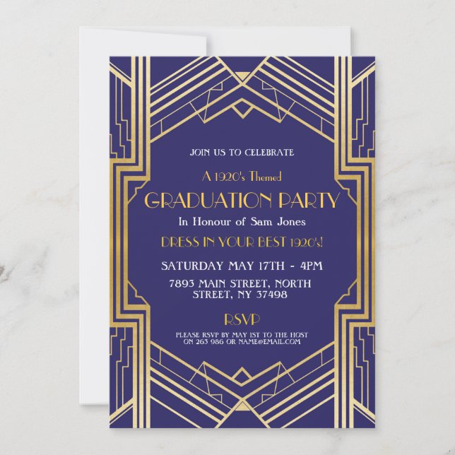 1920s Art Deco Graduation Invite Gatsby Party Gold (Front)
