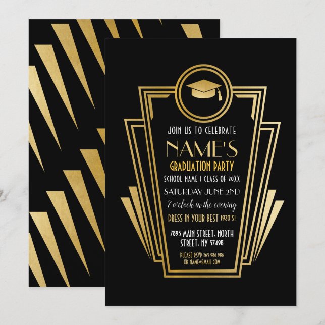 1920s Art Deco Graduation Party Gold Invite Gatsby (Front/Back)