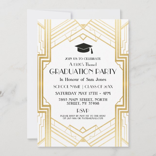1920s Art Deco Graduation Party Invite Gatsby Gold (Front)