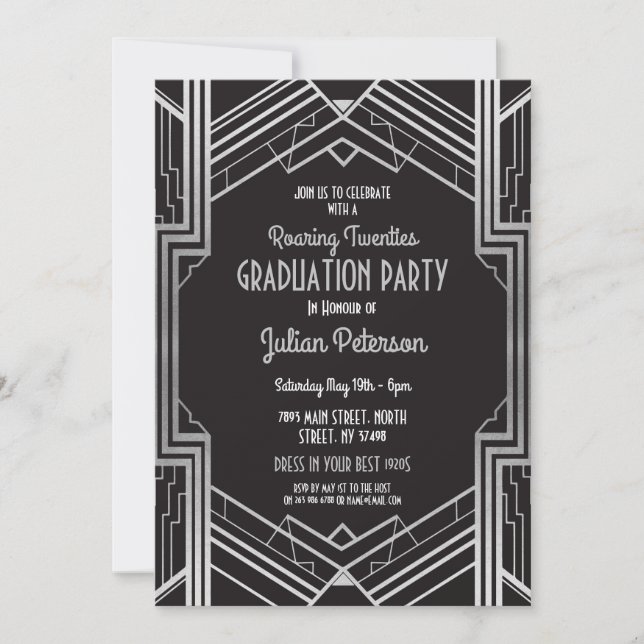 1920s Art Deco Graduation Silver Gatsby Party Invitation (Front)
