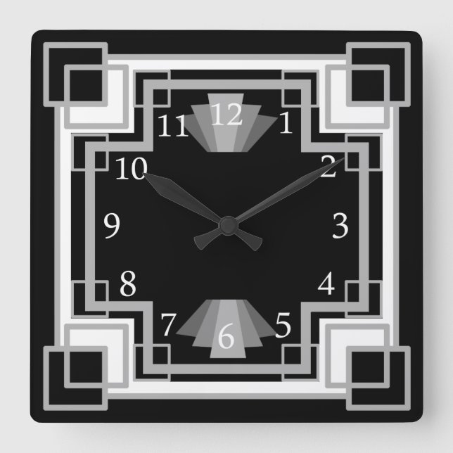 1920s Art Deco Gray & Black Geometric Pattern Square Wall Clock (Front)