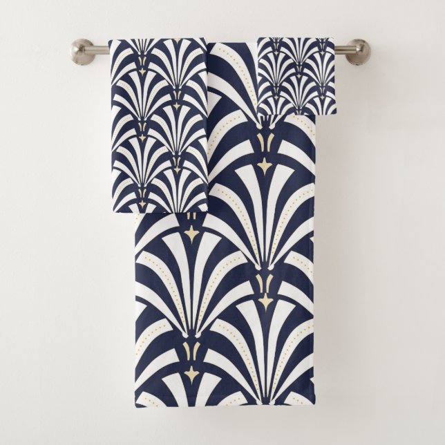 1920s Art Deco Navy & White Palmettos Bath Towel Set (Insitu)