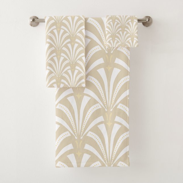 1920s Art Deco Taupe & White Palmettos Bath Towel Set (Insitu)