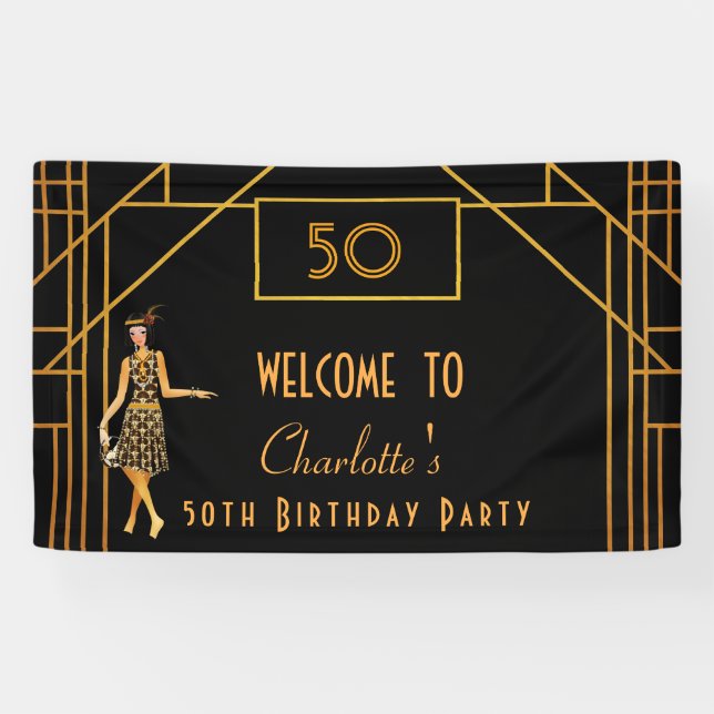 1920's Birthday party black gold retro art deco Banner (Horizontal)