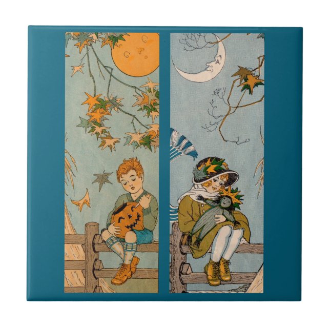 1920s boy and girl in autumn ceramic tile (Front)