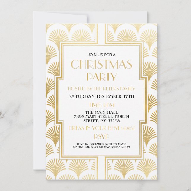 1920's Christmas Art Deco Gatsby Party Gold Fan Invitation (Front)