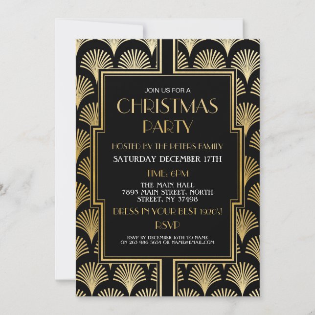 1920's Christmas Art Deco Gatsby Party Gold Fan Invitation (Front)